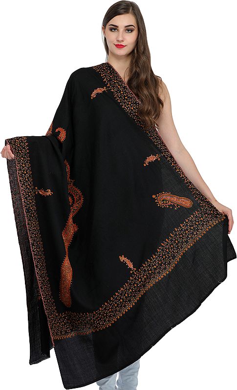 Jet-Black Tusha Shawl from Kashmir with Needle Embroidery by Hand