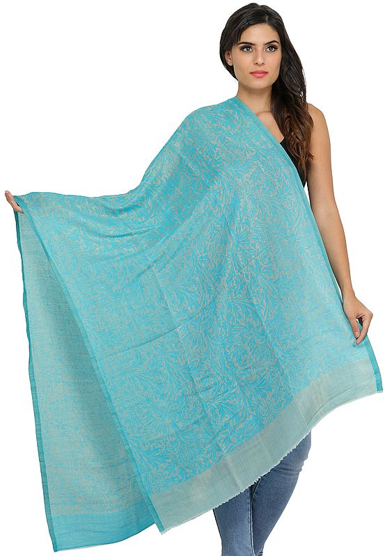 Atoll-Blue and Gray Reversible Cashmere Stole with Self-Weave
