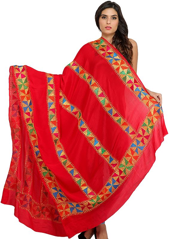 Bittersweet-Red Phulkari Dupatta from Punjab with Hand-Embroidered Bootis