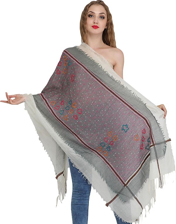 Off-White and Gray Two-Ply Stole with Aari Embroidery and Woven Border