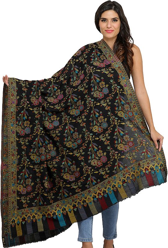 Phantom-Black Kani Jamawar Shawl with Flowers Woven in Multi-Colored Thread