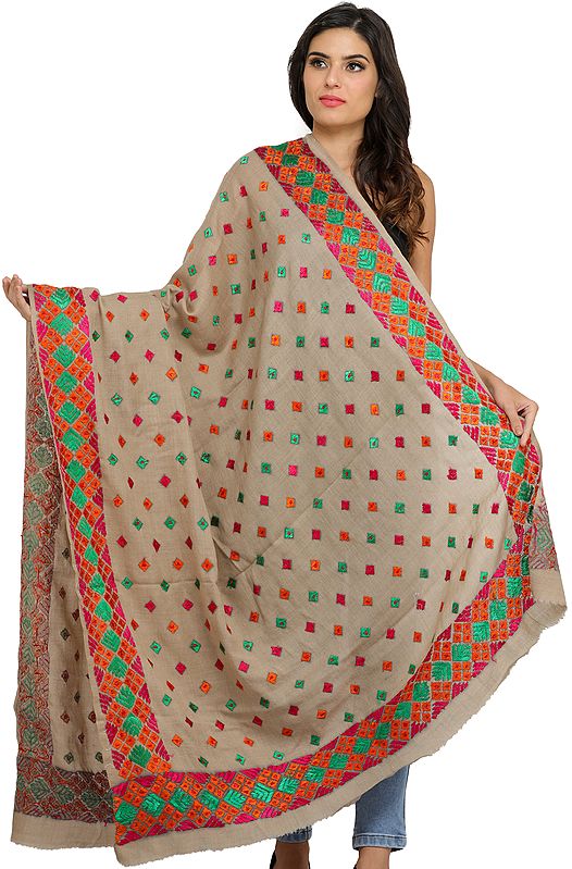 Light-Taupe Phulkari Shawl from Amritsar with Hand-Embroidered Bootis All-Over