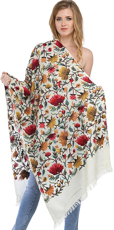 Off-White Kashmiri Stole with Aari Floral Embroidery by Hand