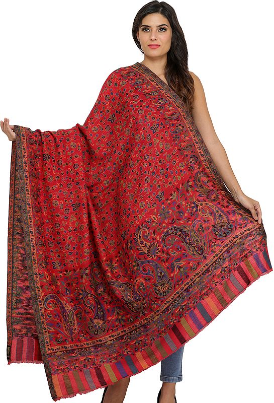 Cranberry-Red Kani Jamawar Shawl with Flowers Woven in Multi-Colored Thread