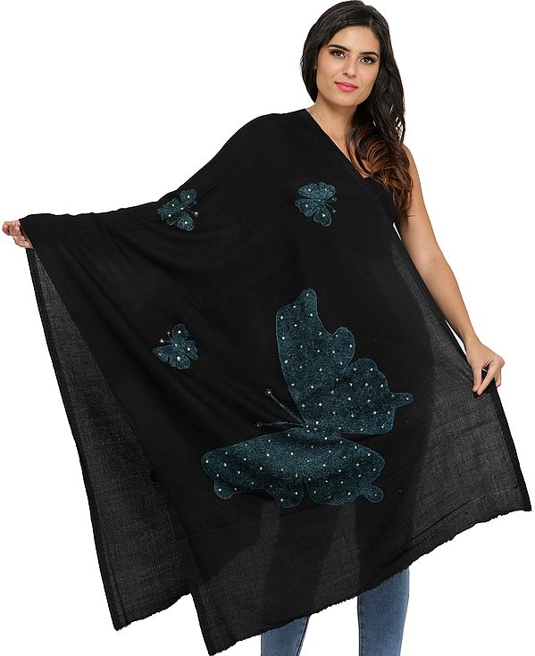Phantom-Black Stole from Amritsar with Embroidered Butterflies
