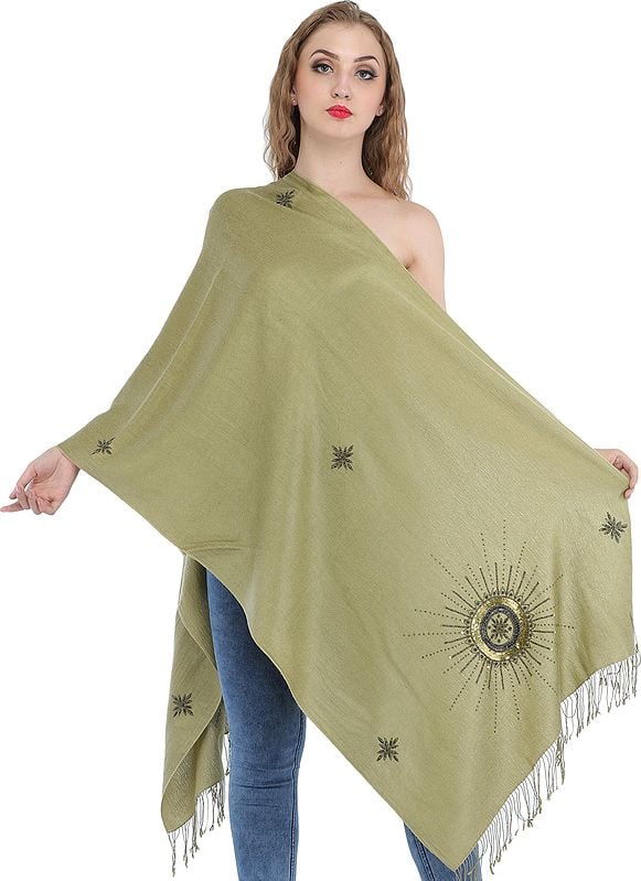 Green-Moss Plain Cashmere Silk Stole from Nepal with Embroidered Beads