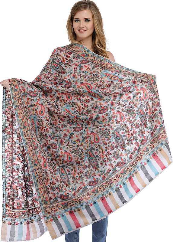 Bridal-Blush Kani Jamawar Cashmere Shawl with Flowers Woven in Multi-Color Thread