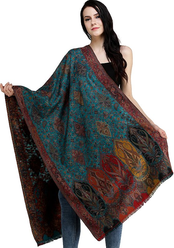 Biscay-Bay Kani Shawl from Amritsar with Woven Flowers and Paiselys