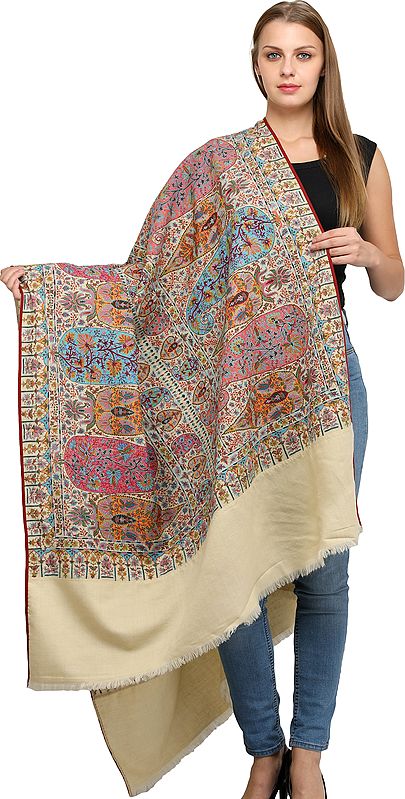 Wood-Ash Pure Pashmina Shawl from Uttar Pradesh with Sozni Floral Hand-Embroidery All-Over