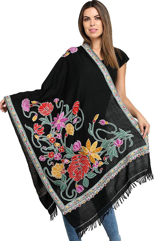 Kashmiri Stole with Aari-Embroidered Large Flowers by Hand