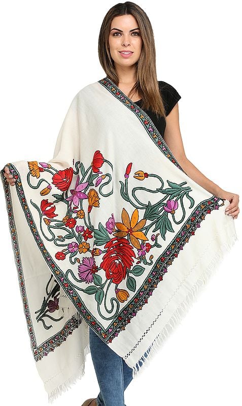 Kashmiri Stole with Aari-Embroidered Large Flowers by Hand