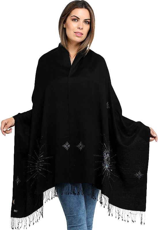 Caviar-Black Plain Cashmere Silk Stole from Nepal with Embroidered Beads