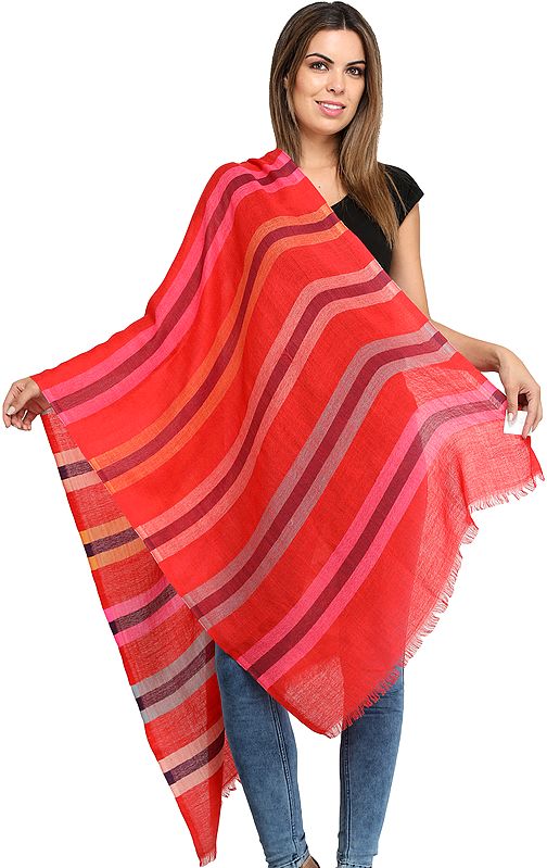 Fine Pure Wool Stole with Woven Stripes in Multicolor Thread