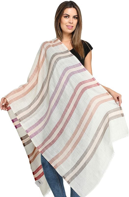 Fine Pure Wool Stole with Woven Stripes in Multicolor Thread