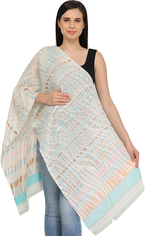 Off-White Stole with Woven Stripes and Flowers on Border in Multicolor Thread