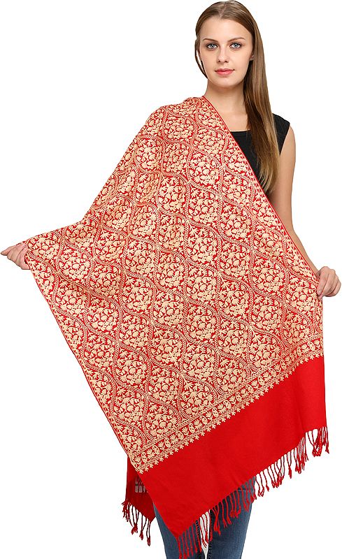 Pure Wool Stole from Amritsar with Aari Embroidery All-Over