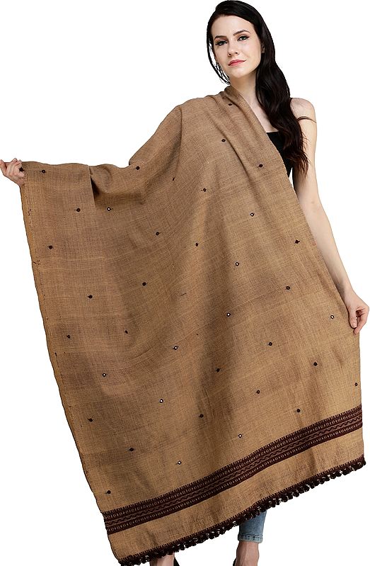 Warm-Taupe Shawl from Kutch with Woven Border and Embroidered Mirrors