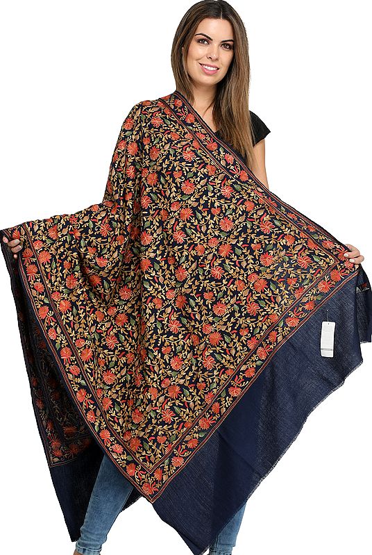 Pure Wool Shawl from Amritsar with Aari Floral Embroidery All-Over