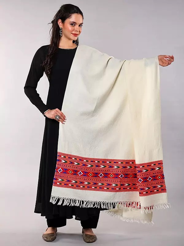 Yak Wool Shawl from Kullu with Kinnauri Woven Multicolor Wide Border