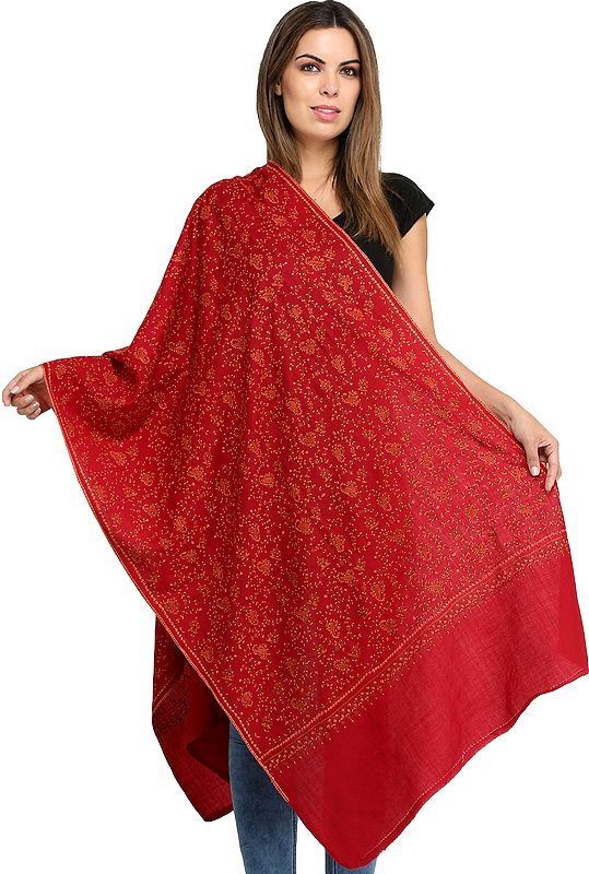 Garnet-Red Kashmiri Stole with Sozni Hand-Embroidery and Paisleys