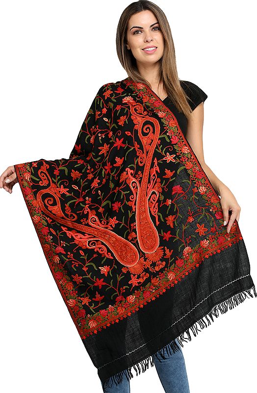 Pirate-Black Kashmiri Stole with Aari Embroidered Florals and Paiselys