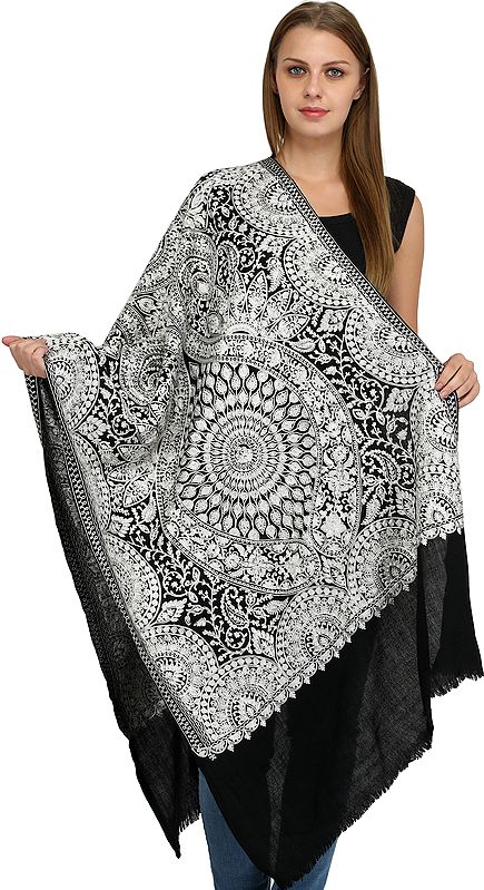 Pirate-Black Shawl from Amritsar with Aari Embroidered Large Chakra in Silver Thread