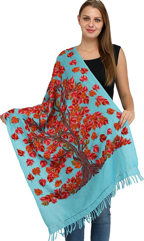River-Blue Stole from Kashmir with Aari Hand-Embroidered Maple Tree