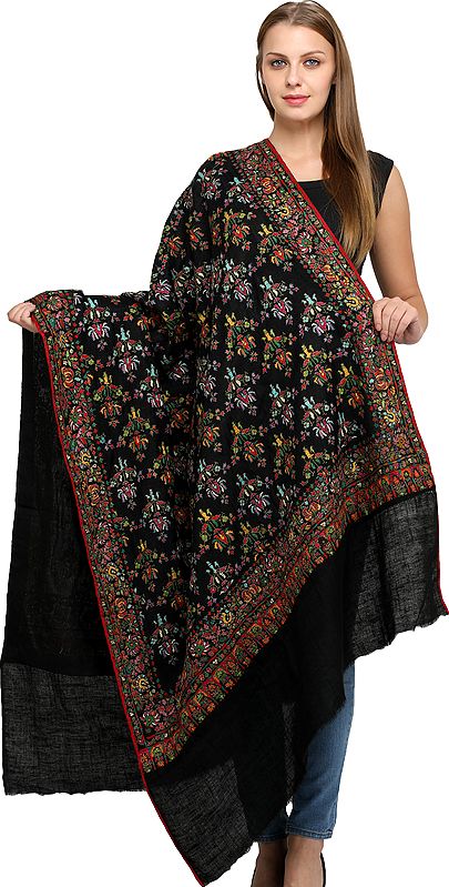 Phantom-Black Pure Pashmina Shawl from Uttar Pradesh with Sozni Floral Hand-Embroidery All-Over