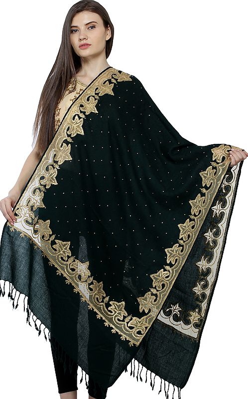 Pure Wool Shawl from Amritsar with Mesh Maple Leaf Patch and Crytsals