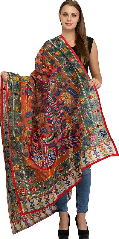 Multicolor Dupatta with All-Over Phulkari Embroidery and Printed Giant Peacock