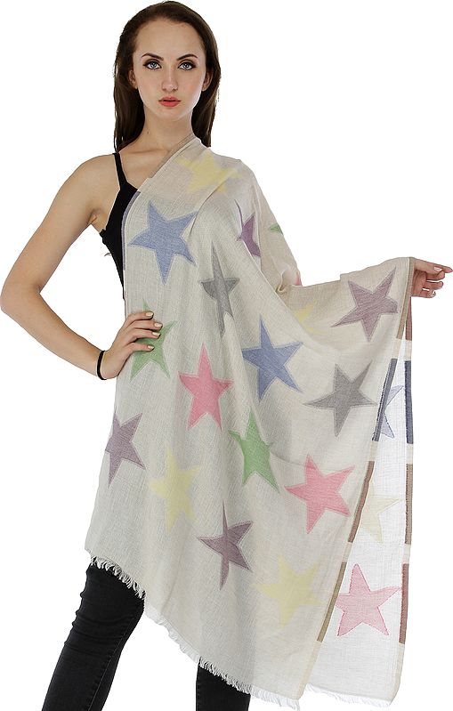 Bleached-Sand Stole with Stars Woven in Multicolor Thread