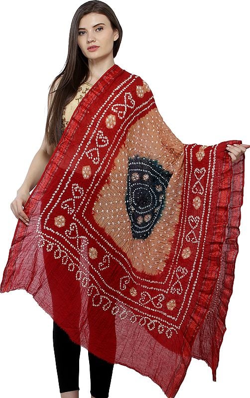 Tie-Dye Bandhani Dupatta From Gujarat with Woven Border and Chakra