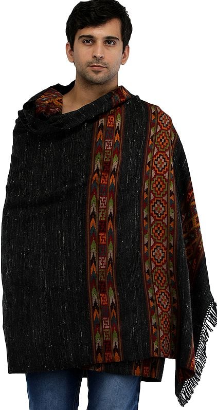 Phantom-Black Men's Shawl from Kullu with Kinnauri Woven Triple Border in Multicolor Thread