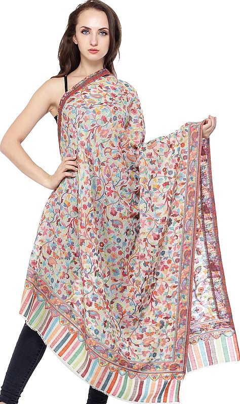 Banana-Crepe Kani Jamawar Shawl with Woven Paisleys and Florals in Multicolor Thread