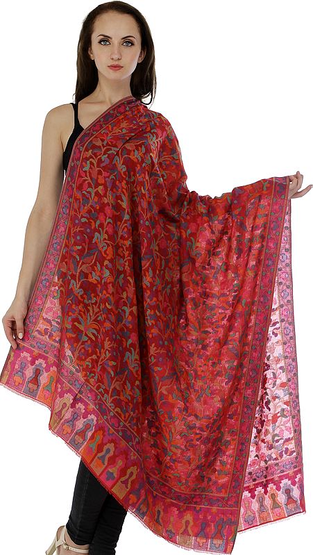 Flame-Scarlet Kani Jamawar Shawl with Woven Florals in Multicolor Thread All-Over