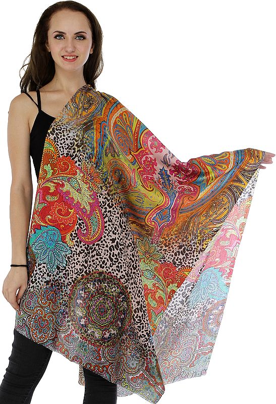 Multicolor Digital-Printed Stole with Florals and Paisleys