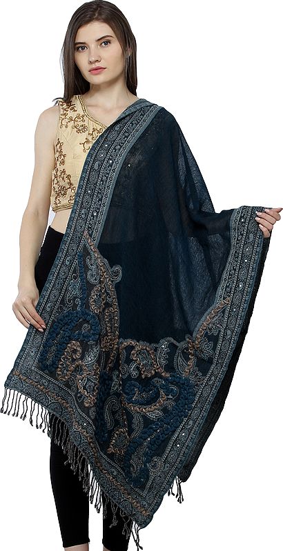 Blue-Coral Wool-Embroidered Jamawar Stole with Woven Paisleys and Sequins