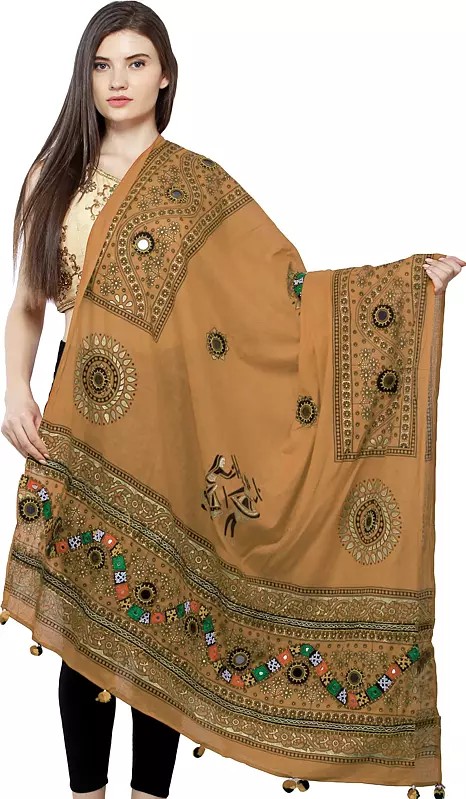 Printed Dupatta from Kutch with Hand-Embroidered Florals and Mirrors