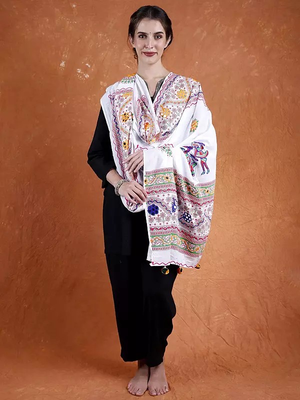 Printed Dupatta from Kutch with Hand-Embroidered Florals and Mirrors