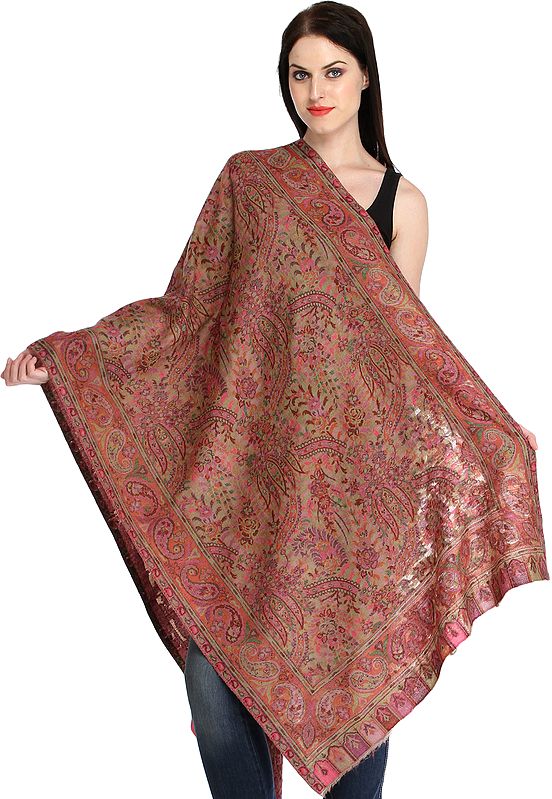 Candied-Ginger Kani Jamawar Shawl with Woven Paisleys and Florals
