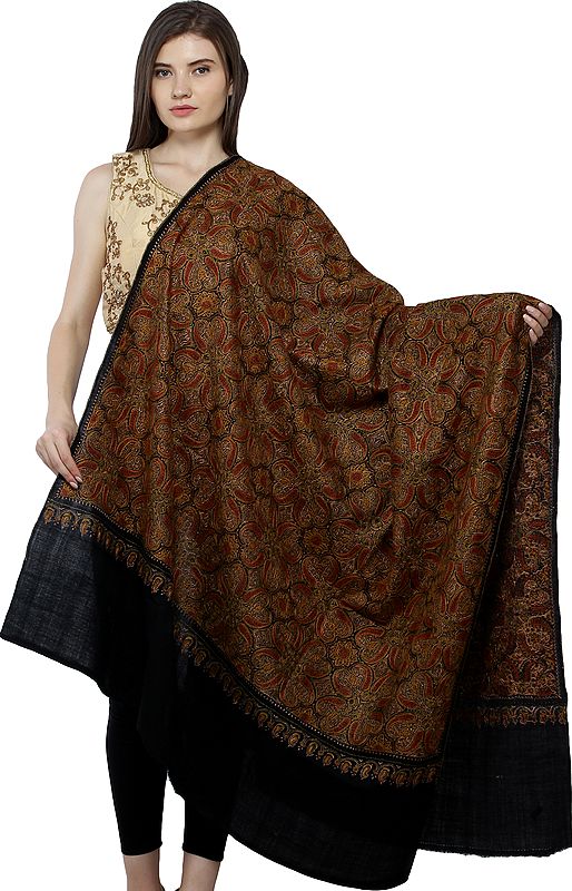 Caviar-Black Tusha Shawl from Kashmir with Sozni Floral Hand-Embroidery All-Over
