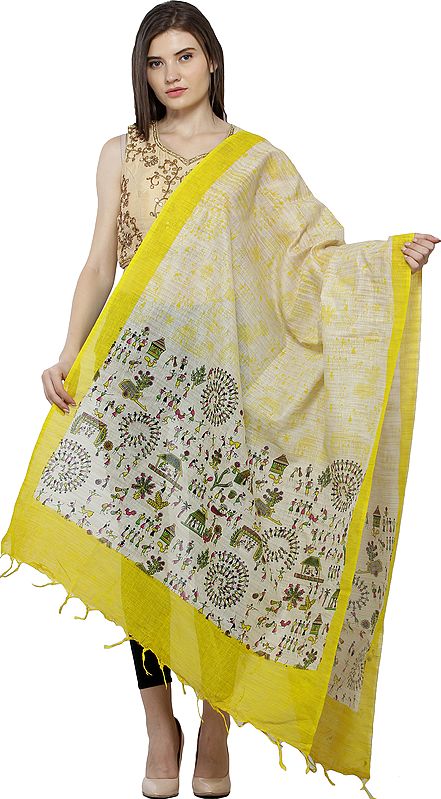 Reed-Yellow Dupatta from Jharkhand with Printed Warli Folk Motifs