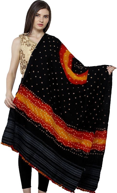 Pirate-Black Bandhani Tie-Dye Shawl from Kutch with woven motifs on border
