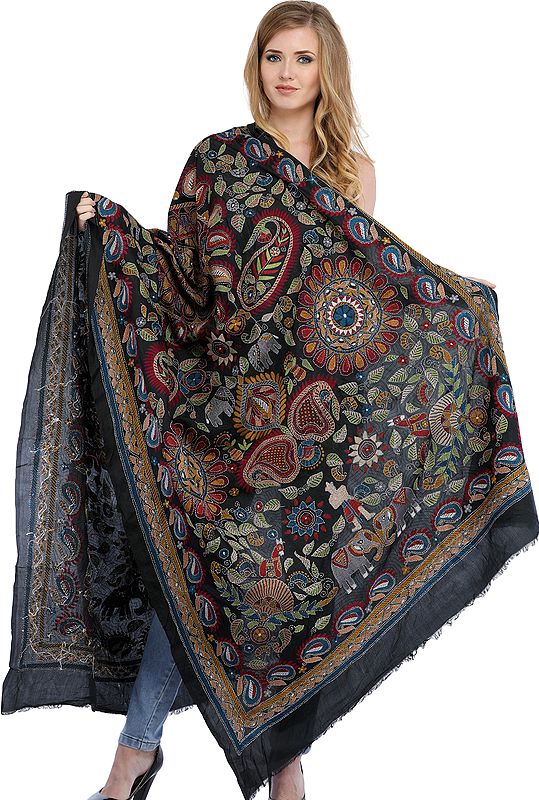 Ink-Black Dupatta from Bengal with Kantha Embroidered Paiselys and Elephants