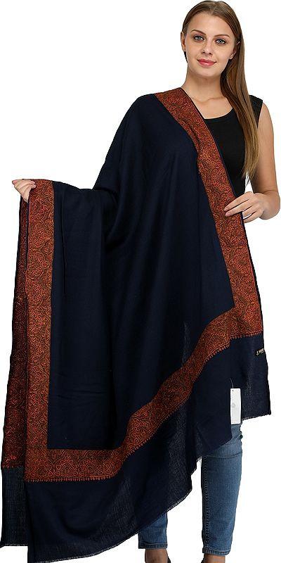 Pure Wool Plain Shawl from Amritsar with Sozni Embroidery on Border