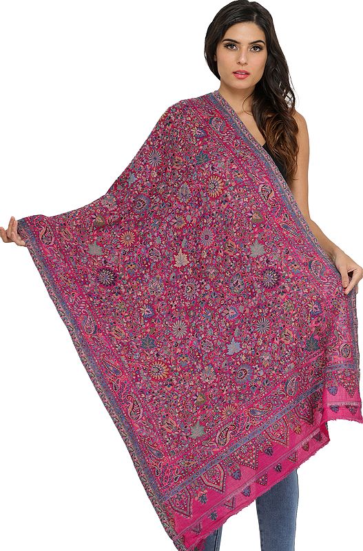 Magenta-Haze Kani Jamawar Stole with Woven Florals and Paisleys in Multicolor Thread