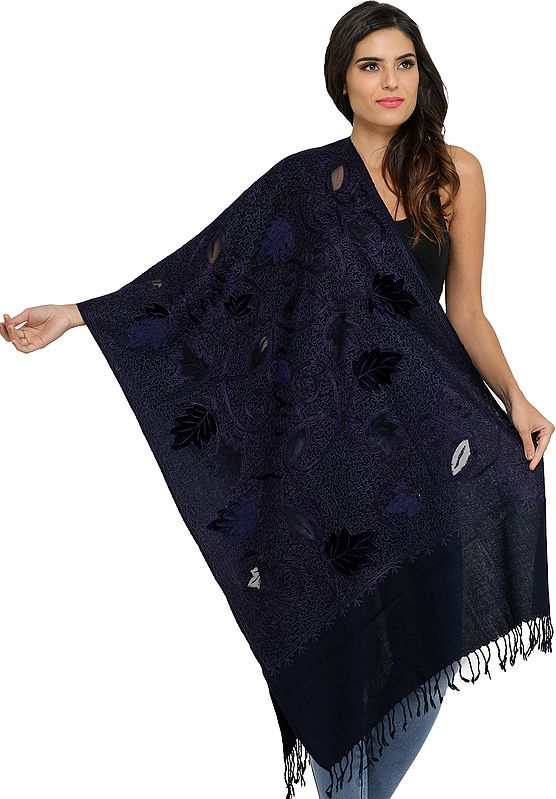 Astral-Aura Stole from Amritsar with Velvet Autumn Leaves and Aari-Embroidery