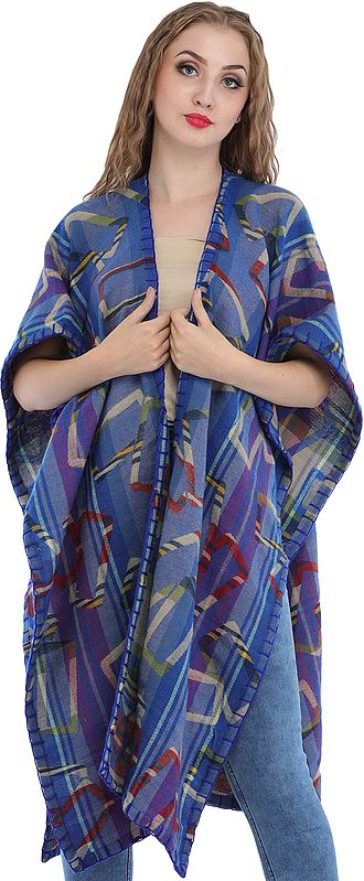 Marina-Blue Jamawar Cape with Woven Stripes and Motifs All-Over
