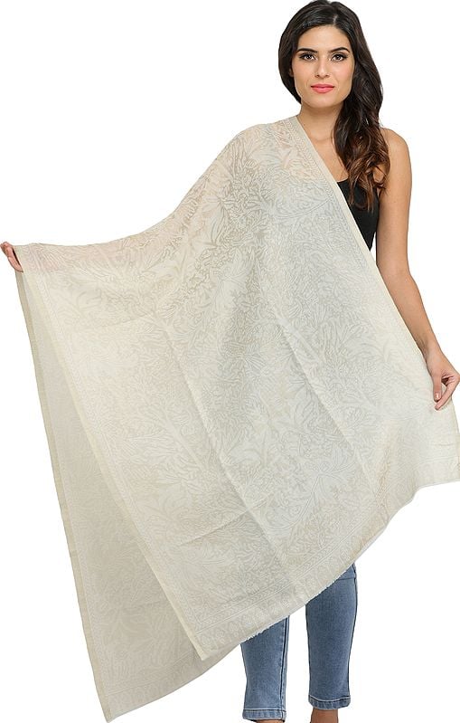 Bleached-Sand Reversible Cashmere Stole from Amritsar with Self-Weave