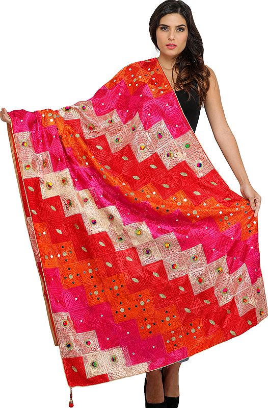 Embroidered Phulkari Dupatta from Punjab with Embellished Beads and Sequins